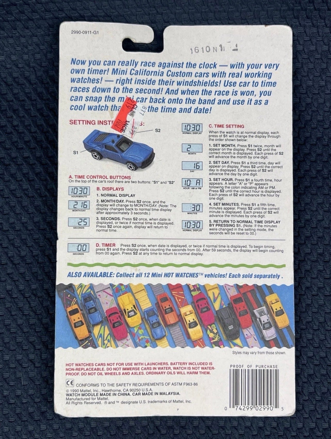 Hot Wheels California Custom Car Hot Wrist Watches 1990 Rare Retro Vintage Blue