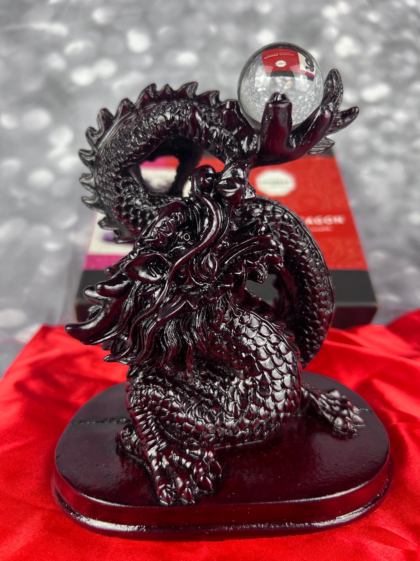 Earthbound Red Resin Chinese Dragon Statue With Crystal Ball
