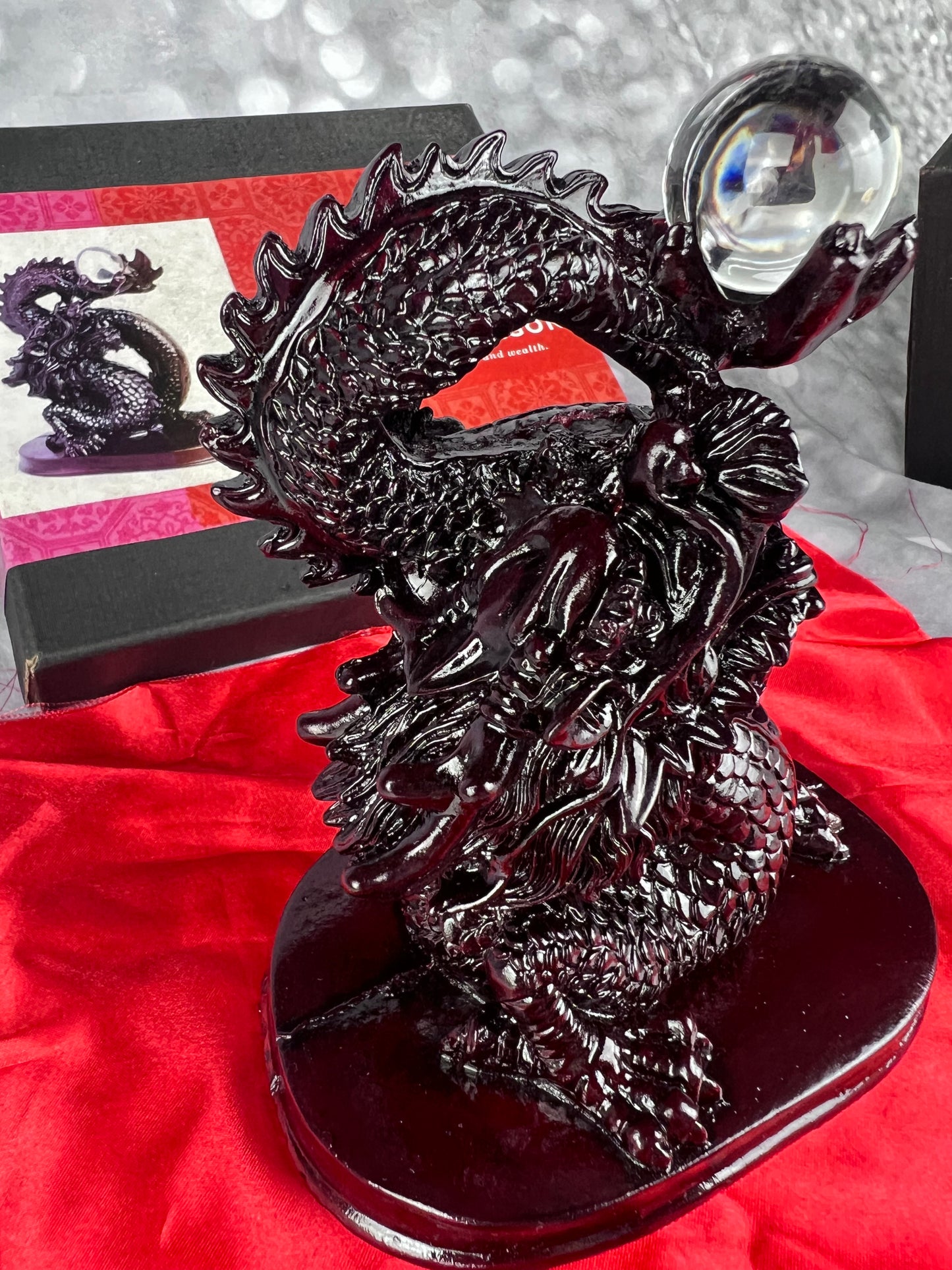 Earthbound Red Resin Chinese Dragon Statue With Crystal Ball
