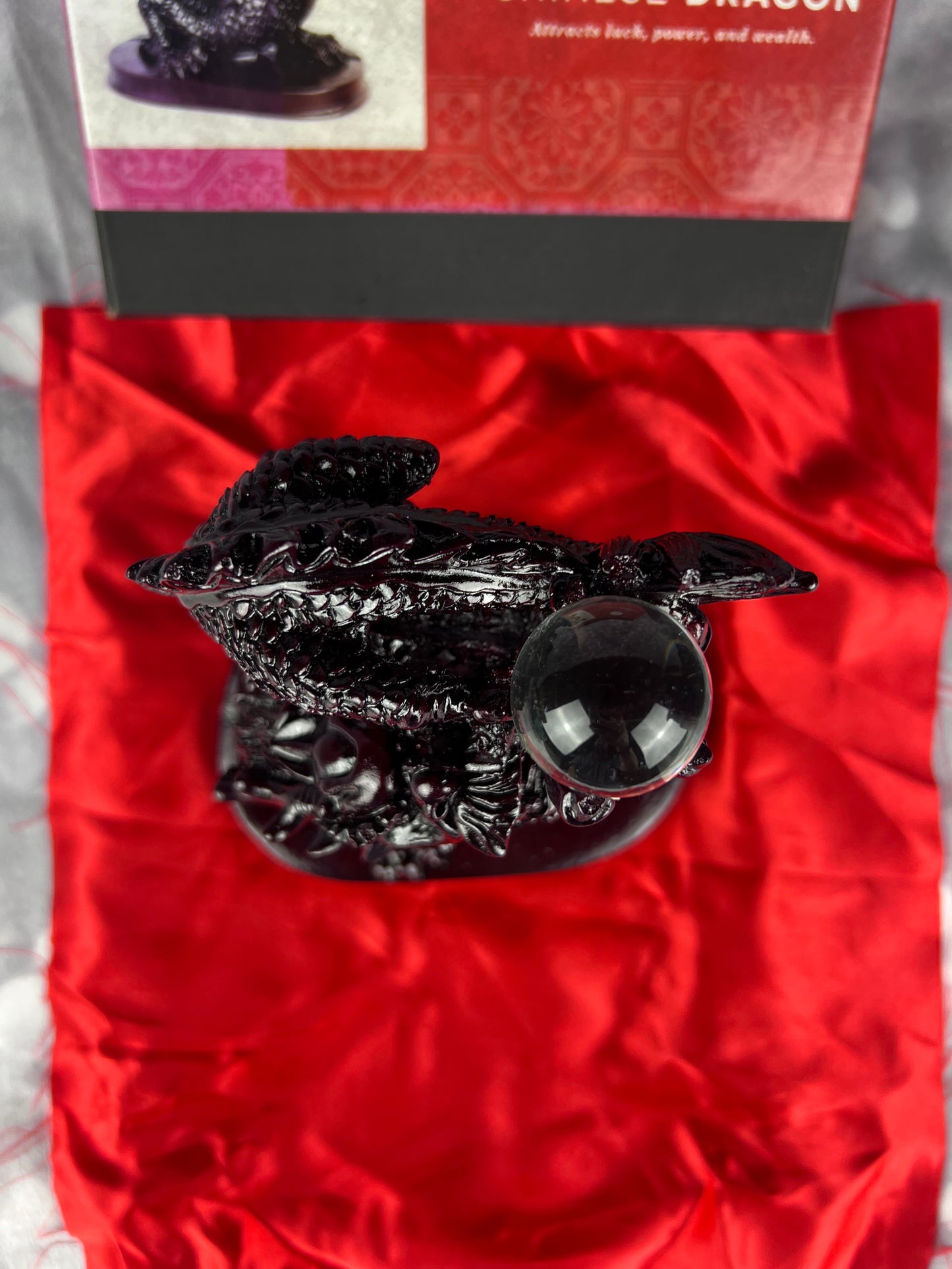 Earthbound Red Resin Chinese Dragon Statue With Crystal Ball