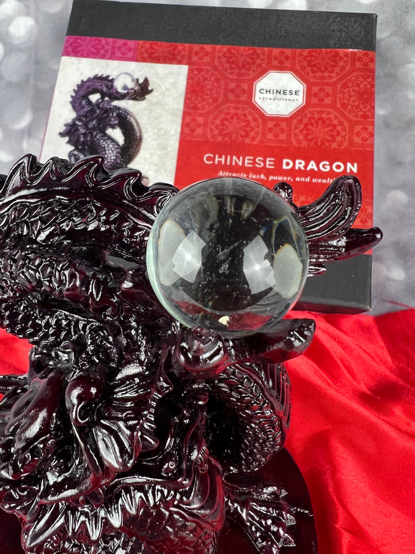 Earthbound Red Resin Chinese Dragon Statue With Crystal Ball