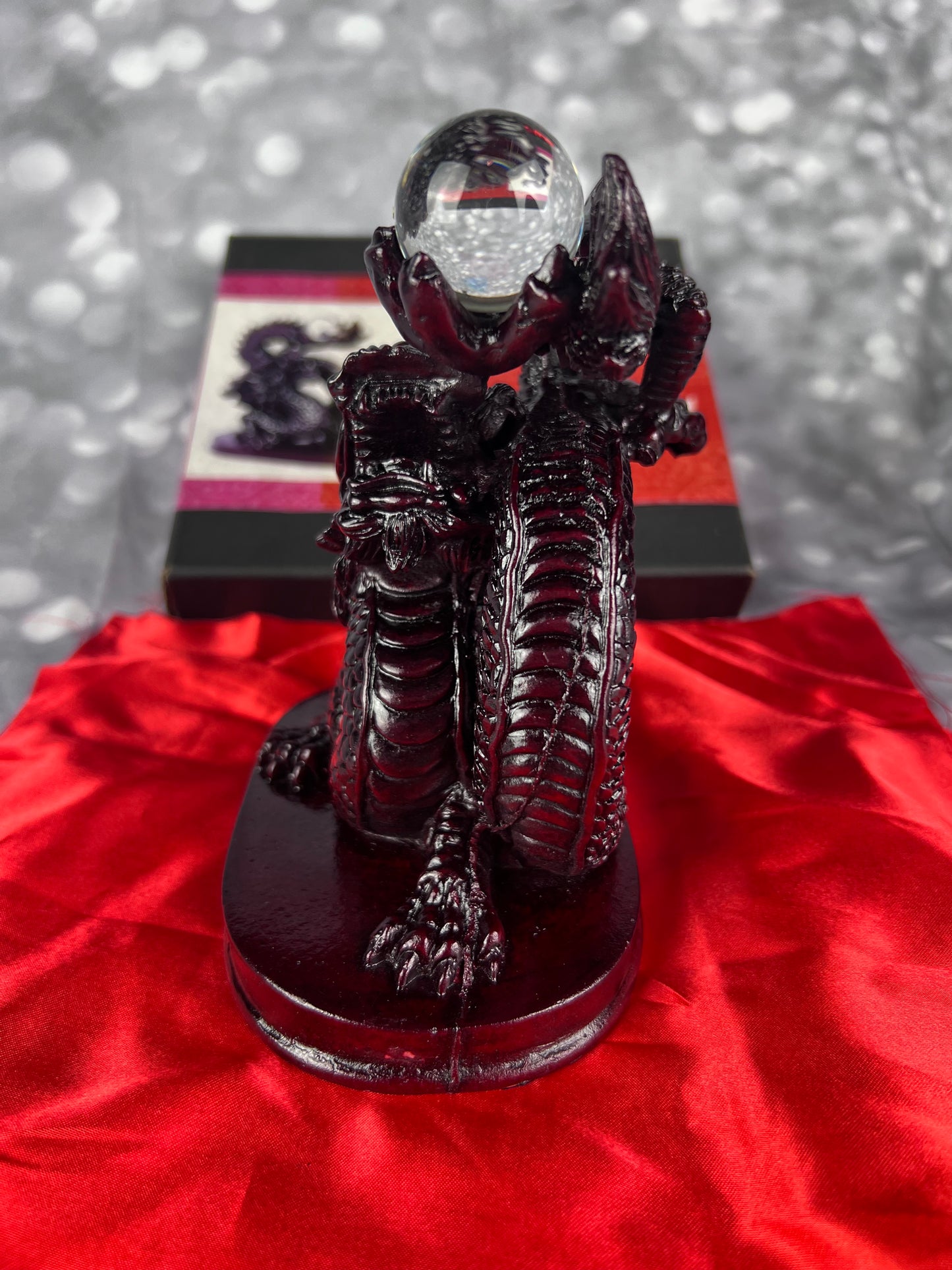 Earthbound Red Resin Chinese Dragon Statue With Crystal Ball