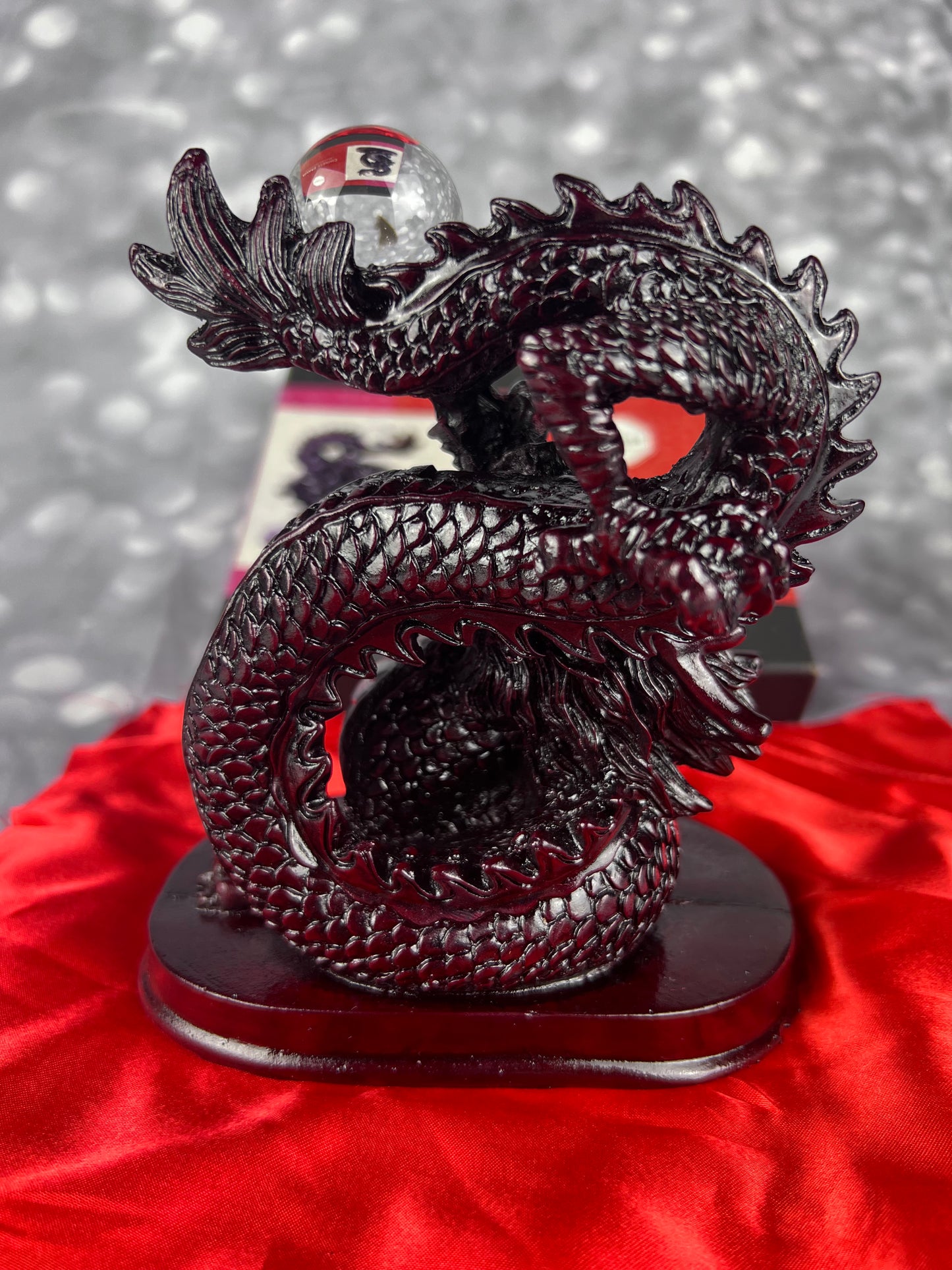 Earthbound Red Resin Chinese Dragon Statue With Crystal Ball