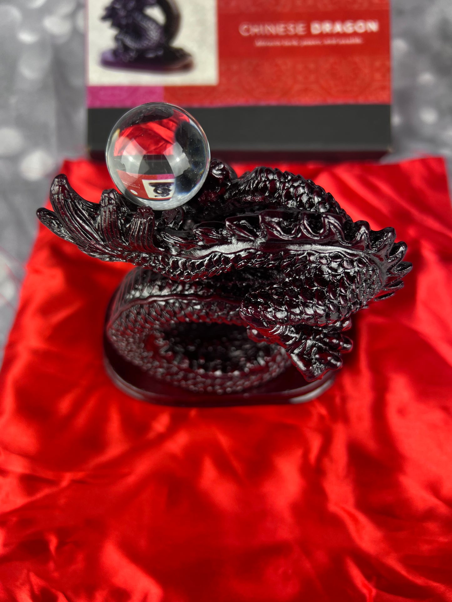 Earthbound Red Resin Chinese Dragon Statue With Crystal Ball