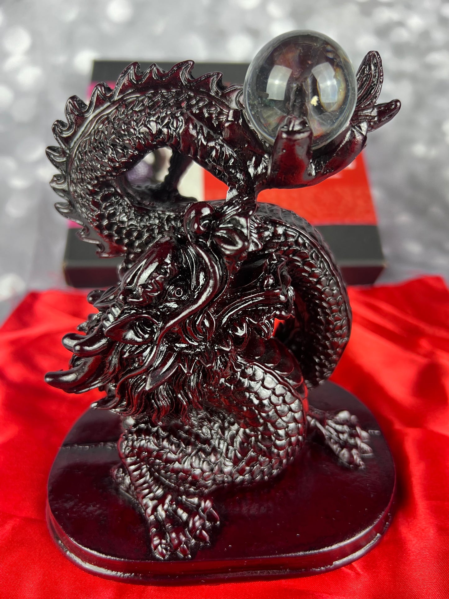 Earthbound Red Resin Chinese Dragon Statue With Crystal Ball