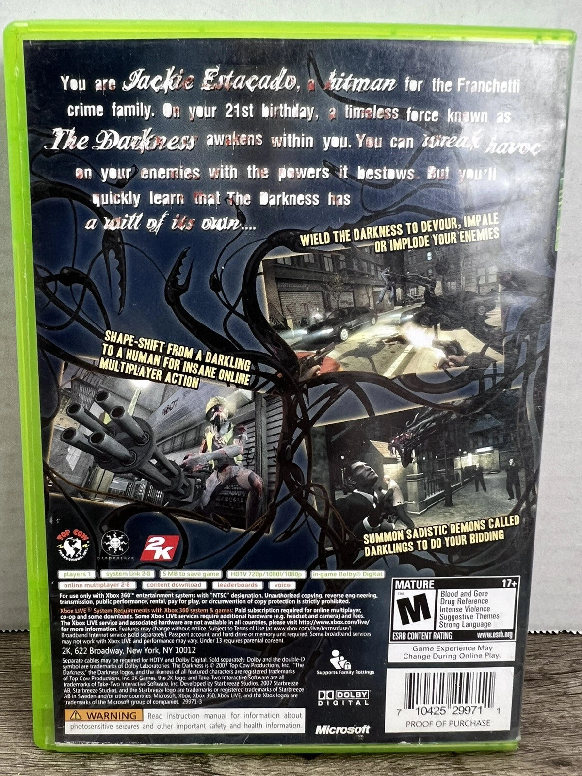 Xbox 360 The Darkness Game and Original Box - No Manual