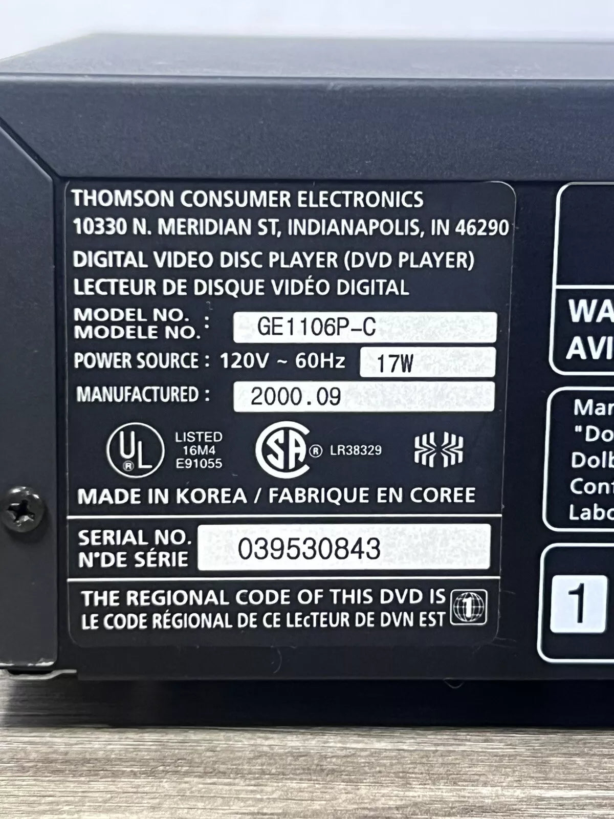 General Electric DVD Video Disc Player Model GE1106P - No Remote