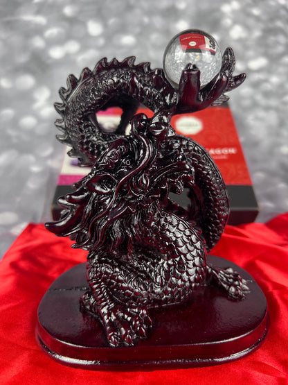 Earthbound Red Resin Chinese Dragon Statue With Crystal Ball