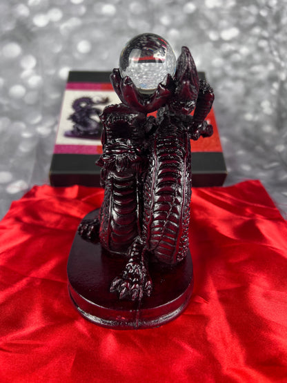 Earthbound Red Resin Chinese Dragon Statue With Crystal Ball