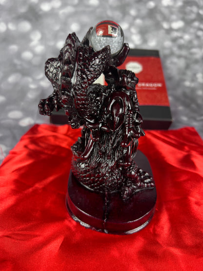 Earthbound Red Resin Chinese Dragon Statue With Crystal Ball