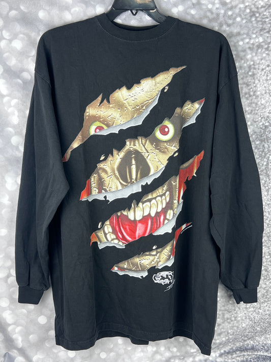 Vintage Long Sleeve Give Me Face Brand Claw Slash Marks Skeleton Skull Hip Hop Rap T-shirt Men's Size 2XL